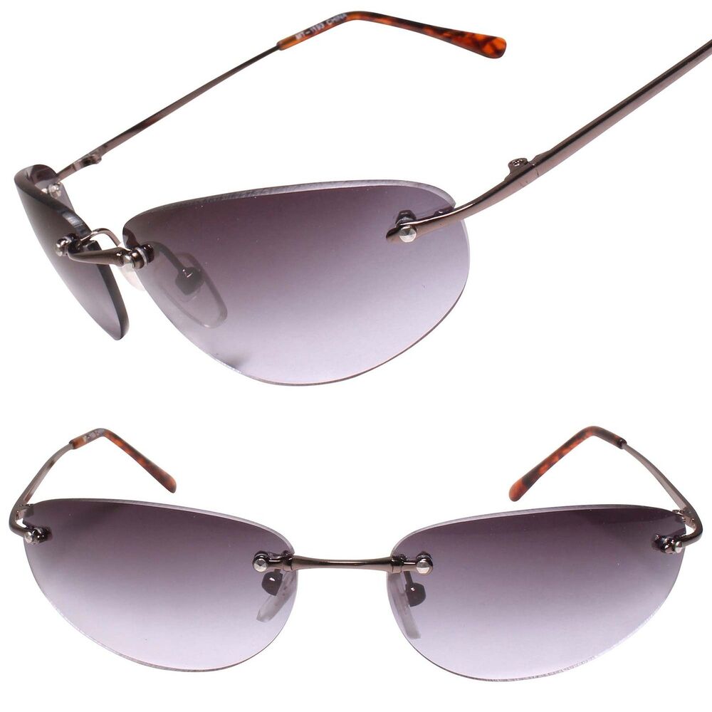 Classic Retro Stylish Rimless Rectangle Brown Gray Lens Wrap 80s 90s Sunglasses